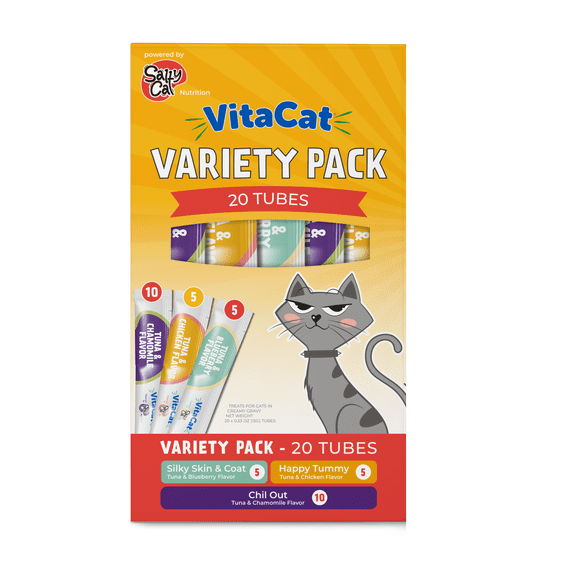Salty Cat Variety Pack Cat Tube Treats, 20ct (Chill Out 10, Happy Tummy 5, Silky Skin & Coat 5)