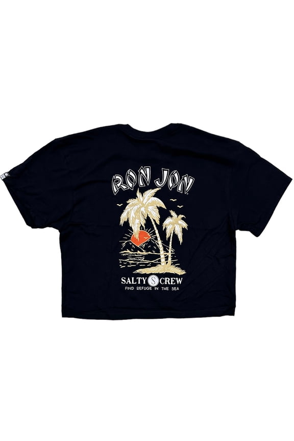 Women's X Ron Jon Surf Shop Boyfriend Relaxed Fit Cropped Tee T-Shirt (Large, Black)