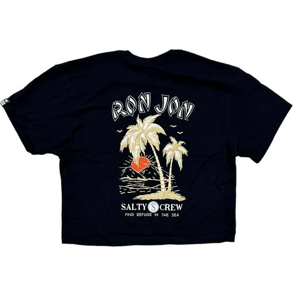 Salty Crew Women's X Ron Jon Surf Shop Boyfriend Relaxed Fit Cropped Tee T-Shirt (Small, Black)