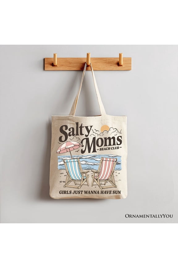 Salty Moms Beach Club Canvas Tote Bag, Retro Summer Gift for Ocean Loving Mothers