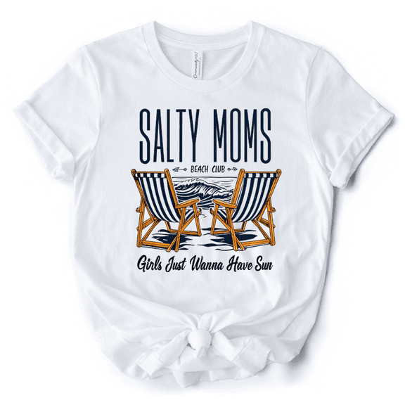 Salty Moms Beach Club T-Shirt, Retro White Tee for Cool Summer Mothers