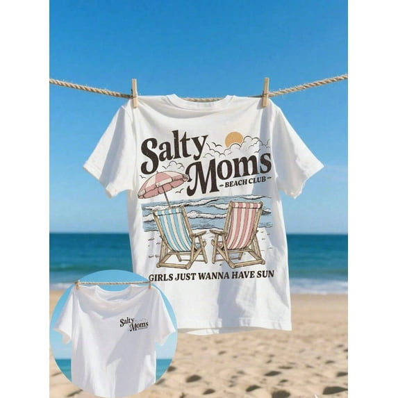 Salty Moms Graphic Woman Beach Club Comfortable Colorful T-Shirt, Beach Club T-Shirt, Fashionable Beach T-Shirt, Summer Vibe T-Shirt Top