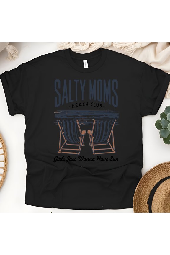 Salty Moms Shirt for Women, Beach Club Girls Just Wanna Have Sun Graphic Tee, Black, Size S