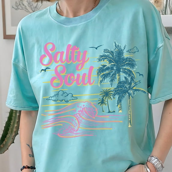 Salty Soul Shirt, Coastal Summer Shirt, Retro Palm Tree Wave Tee, Ocean Vibes Shirt, Beach Graphic Tee, Tropical Summer Tee