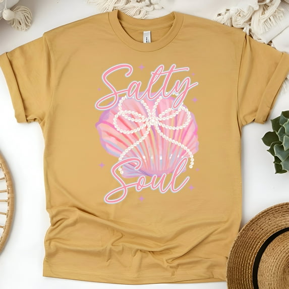Salty Soul T-Shirt for Women, Pink Seashell with Pearl Bow Beach Graphic Tee, Gold, Size S
