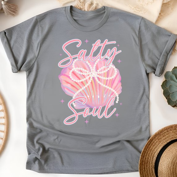 Salty Soul T-Shirt for Women, Pink Seashell with Pearl Bow Beach Graphic Tee, Graphite Heather, Size 4XL