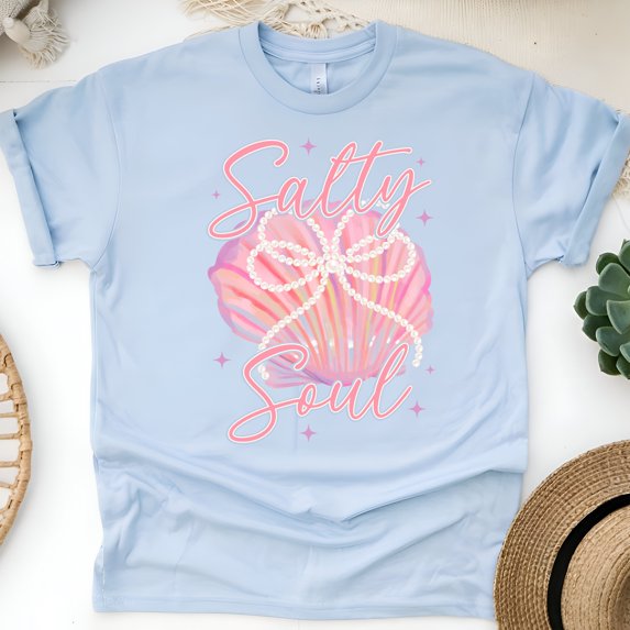 Salty Soul T-Shirt for Women, Pink Seashell with Pearl Bow Beach Graphic Tee, Light Blue, Size 5XL