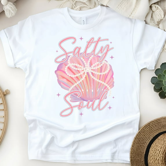Salty Soul T-Shirt for Women, Pink Seashell with Pearl Bow Beach Graphic Tee, White, Size S