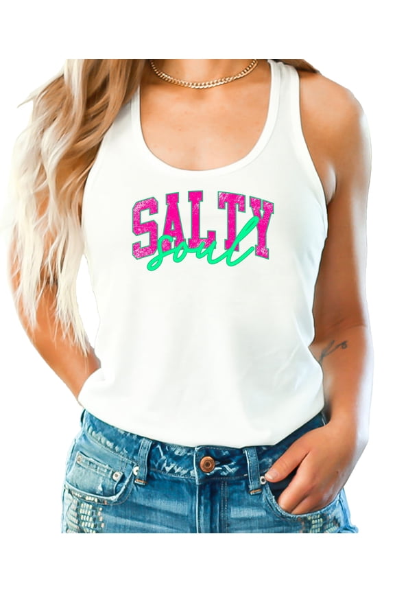 Salty Soul Tank Top for Women Funny Summer Sleeveless Tee for Adults & Teens White Tank Top Large