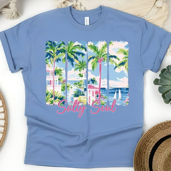 Salty Soul Tropical T-Shirt for Women, Coastal Beach Scene Graphic Tee, CarolinaBlue, Size S