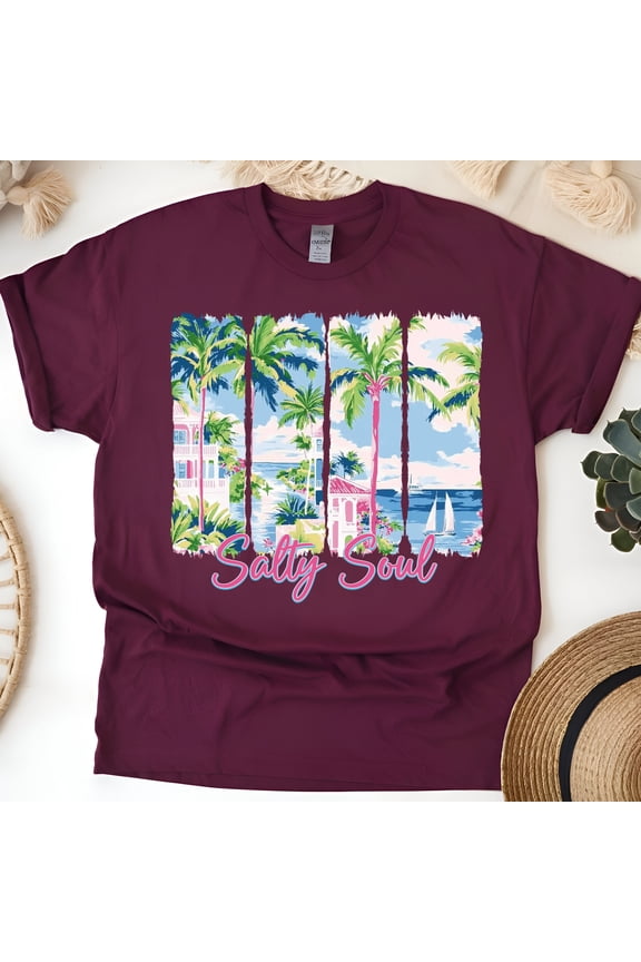 Salty Soul Tropical T-Shirt for Women, Coastal Beach Scene Graphic Tee, Maroon, Size M