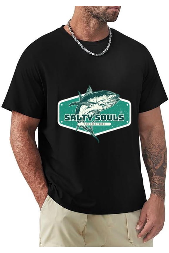 Salty Souls Retro High Tides Deep Sea Ocean Fishing Graphic Gift Unisex T-Shirt, for men & women, up to size 5XL.