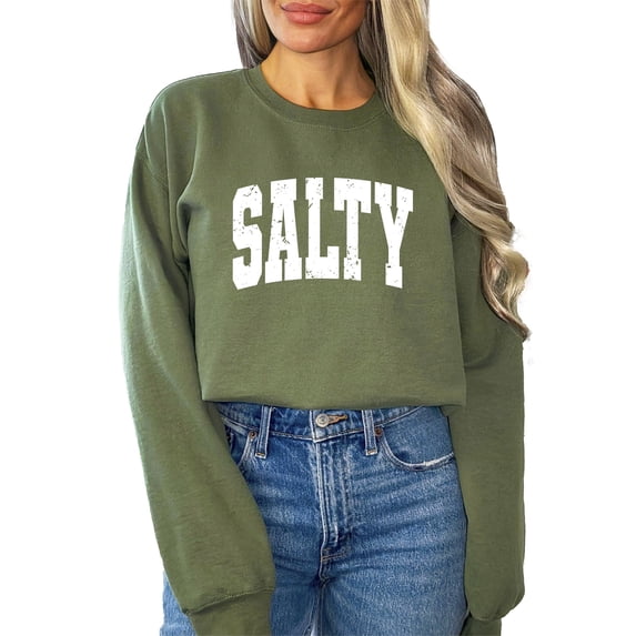 Salty Sweatshirt for Women, Teens & Girls Distressed Summer Beach Pullover Sweater Army Green Sweatshirt Adult X-Large
