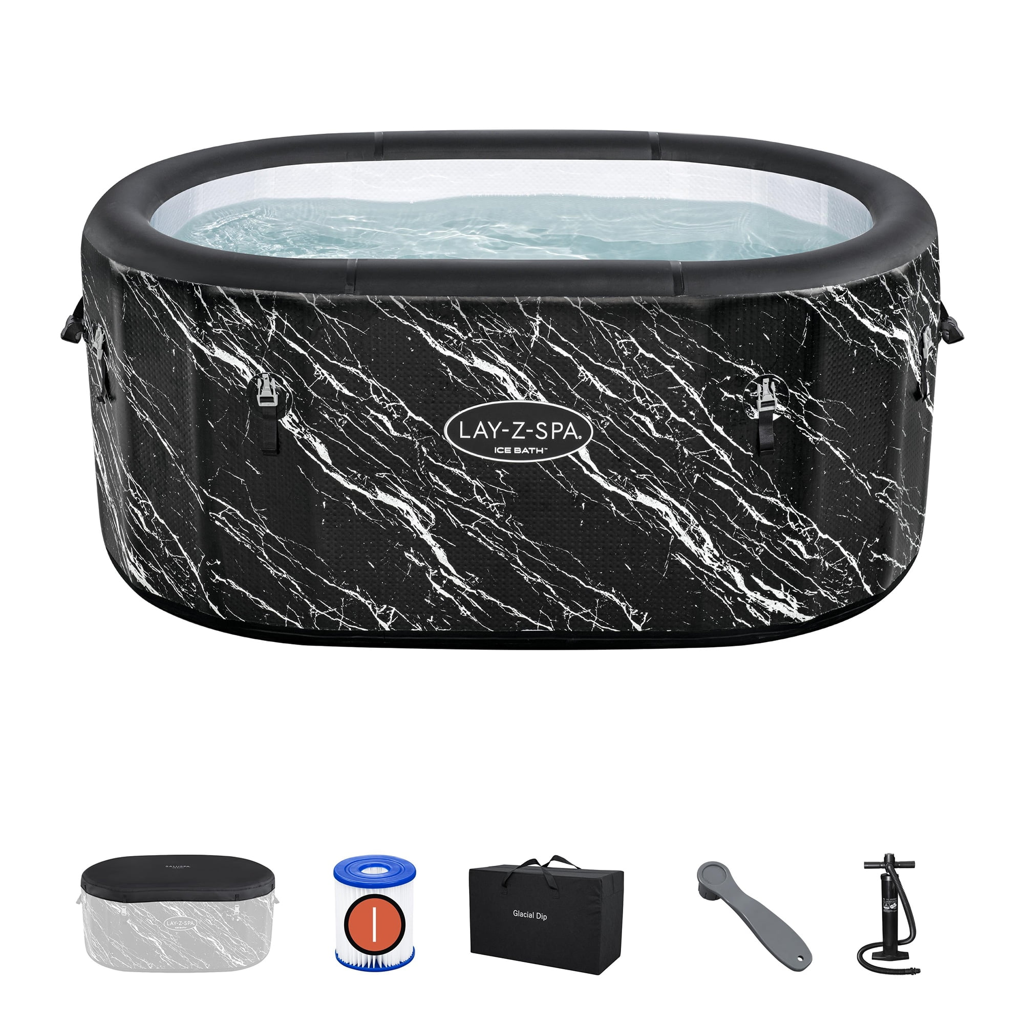 SaluSpa: Glacial Dip - Cold Plunge Inflatable Tub - 60x36x28", Black Marble, Ice Bath, FortiFiber, Polar Shield Year Round Use, Cover & Storage Bag