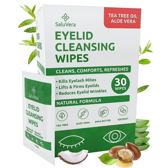 SaluVera Eyelid Wipes with Tea Tree & Aloe Vera, Eye Lid Cleaning Wipes for Dry & Itchy Eyes Relief - Pack of 30