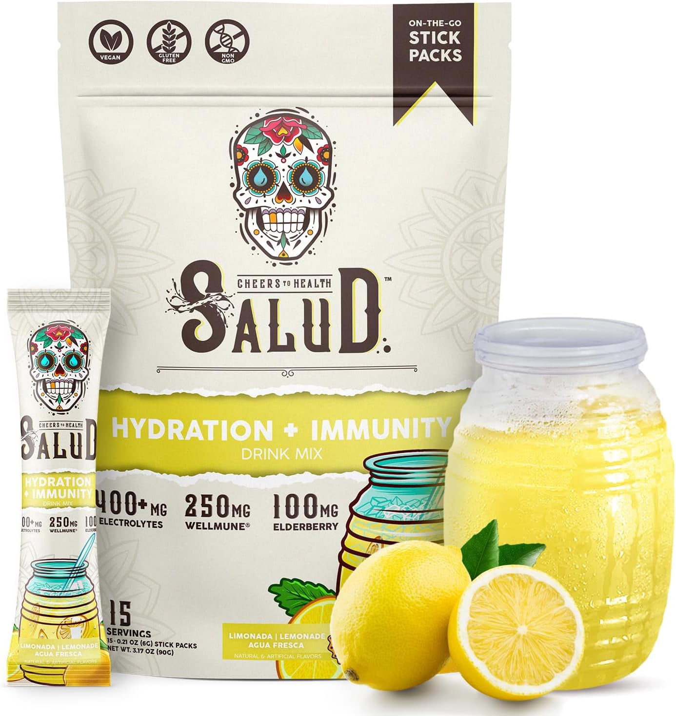 Salud 2-in-1 Hydration and Immunity Electrolytes Powder, Lemonade - 15 Servings, Limonada Agua Fresca Drink Mix, Elderberry, Dairy & Soy Free, Non-GMO, Gluten Free, Vegan, Low Calorie, Only 1G Sugar