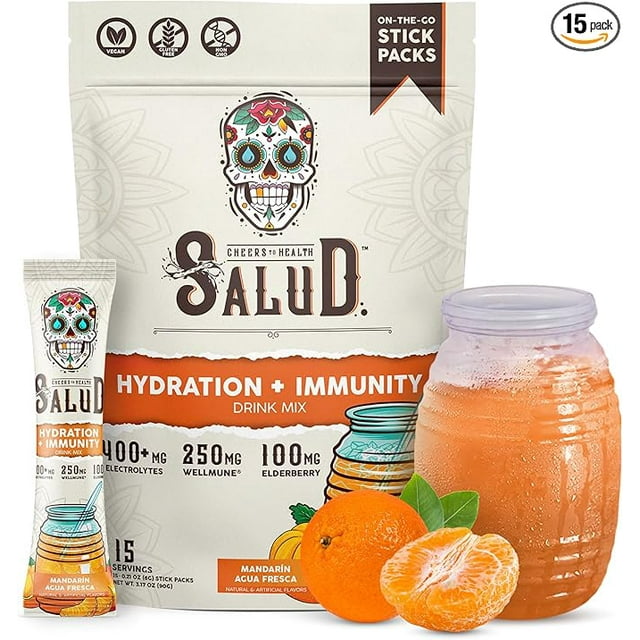 Salud 2-in-1 Hydration Packets Immunity Electrolytes Powder Mandarin - Agua Fresca Drink Mix Elderberry Dairy and Soy Free Non-GMO Gluten Free Vegan Low Calorie 1g Sugar 15 Servings