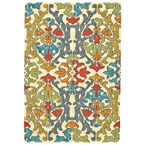Saluda Geometric Floral Rug, Moss Green/Blue/Red, 5ft x 8ft Area Rug