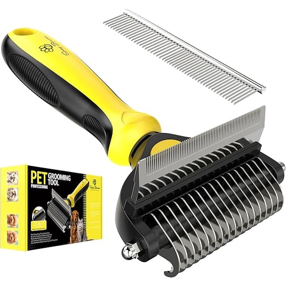 Saluqifa -2 in 1 Professional Grooming Rake for Cats & Dogs-Dematting Comb for Easy Mats & Tangles Removing,Pet Brush Safe No More Nasty Shedding and Flying Hair (Lemon Yellow)