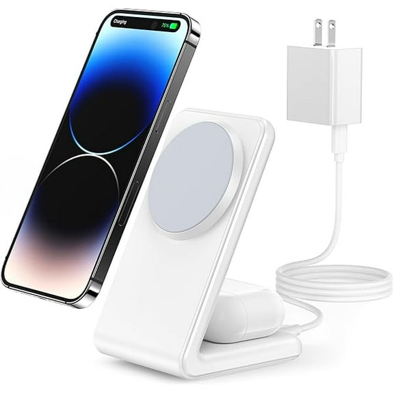 Saluqifa 2-in-1 for Magsafe-Compatible Charger Stand with PD 20W USB-C Charger Block & Cable, Fast Charging Wireless Charger Designed for iPhone 16 Pro Max/ 15/14/13/12, AirPods 4/3/Pro 2/Pro, White