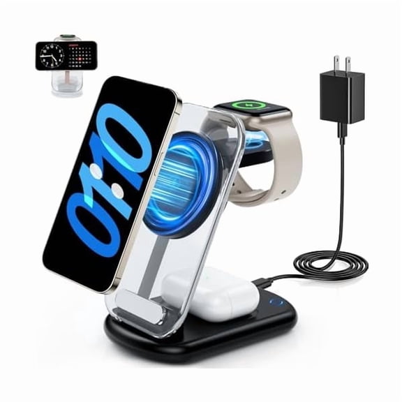 Saluqifa 2025 Magnetic Wireless Mag-Safe Charger Stand,3 in 1 Charger with Light for iPhone 16 15 14 13 12 Pro Max Plus,Charging Pad for Apple Watch Series & Air pods 4 3 2 Pro(Black)