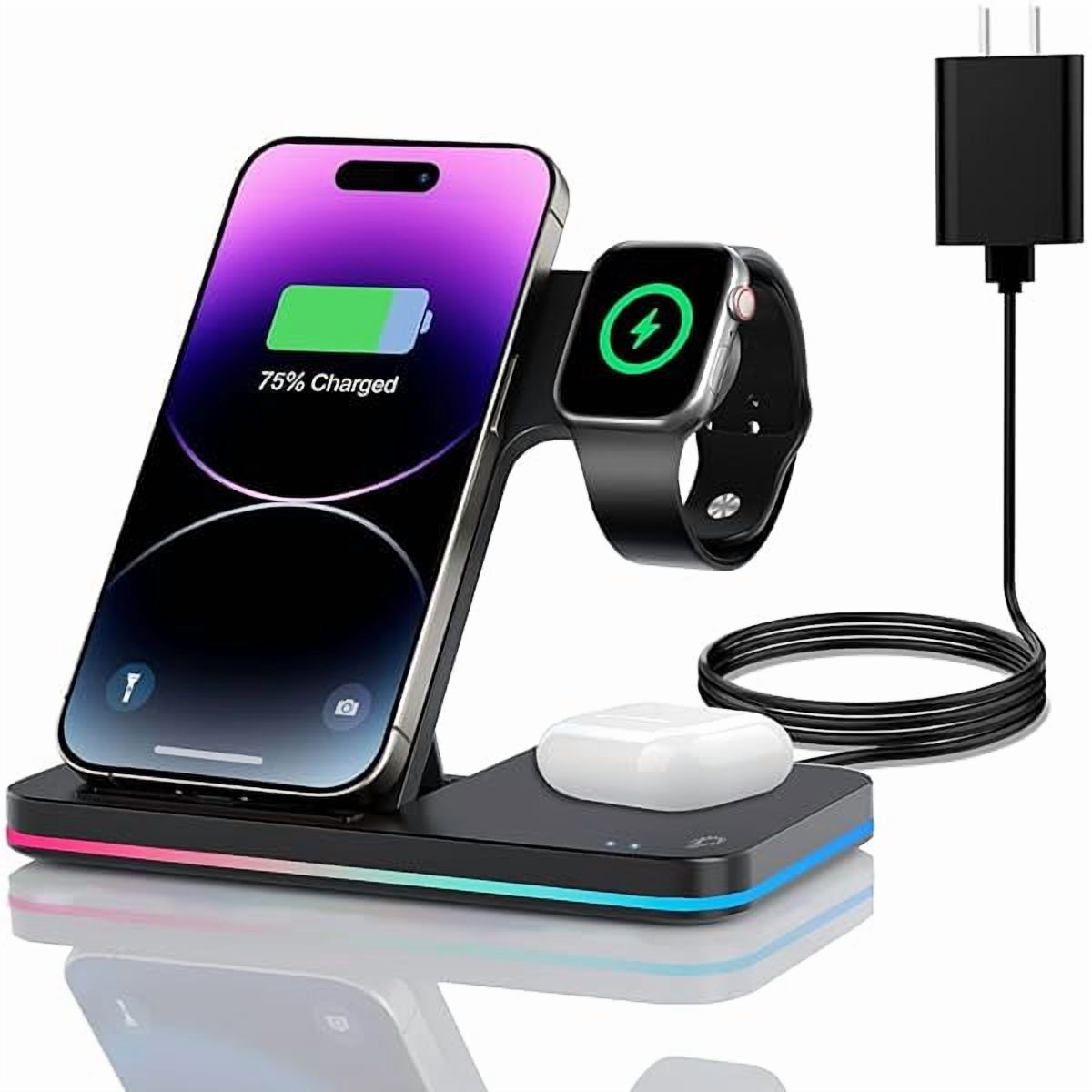Saluqifa 3 in 1 Charging Station Wireless Charger lPhone Foldable Charging Stand for Multiple Devices with an 18 W Quick Charger for lPhone 16/15/14/13 Pro Max Apple Watch AriPods Pro 2(Black)