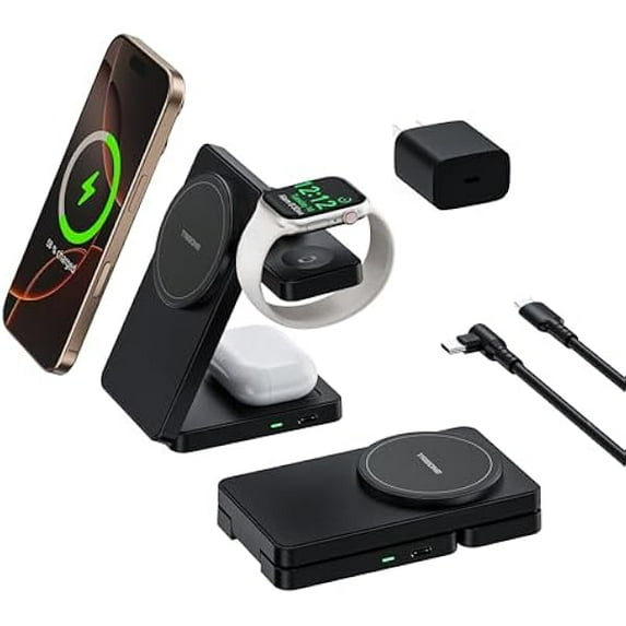 Saluqifa 3 in 1 Charging Station for iPhone 16/15/14/13/12 Series, Wireless Charger for Apple Watch,Travel Magnetic Charging Stand for AirPods (Black)