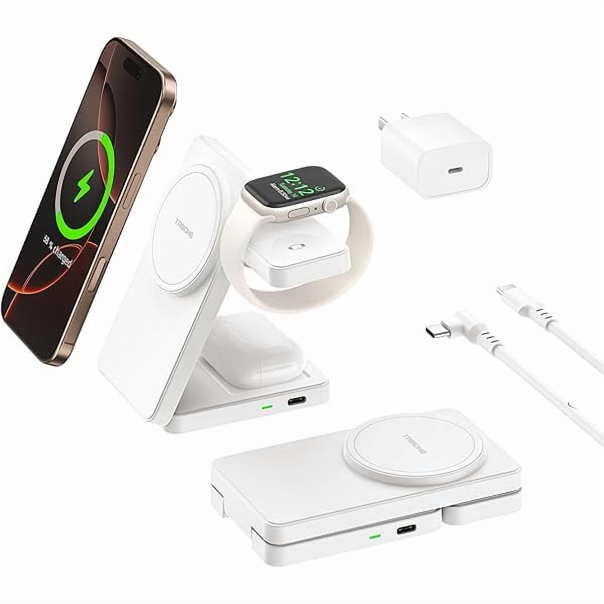 Saluqifa 3 in 1 Charging Station for iPhone 16/15/14/13/12 Series, Wireless Charger for Apple Watch，Travel Magnetic Charging Stand for AirPods (White)