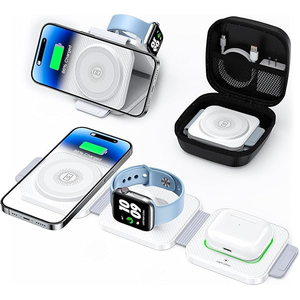 Saluqifa 3 in 1 Travel Charging Station (with Storage Case), Dual Magnetic Wireless Charger for iPhone 16/15/14/13/12 Series and Apple Watch, Portable Charger for iPhone Watch and Airpods 4/3/2/Pro
