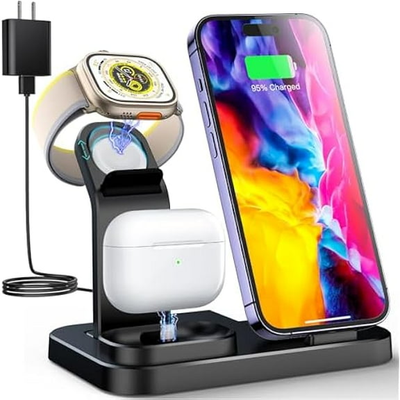 Saluqifa 3 in 1 Wireless Charging Station for Apple Devices, Charging Dock for iWatch 9 8 7 6 SE 5 4 3 2 1, Built-in Charger Stand for iPhone Series AirPods Gifts (with 15W Adapter) Black