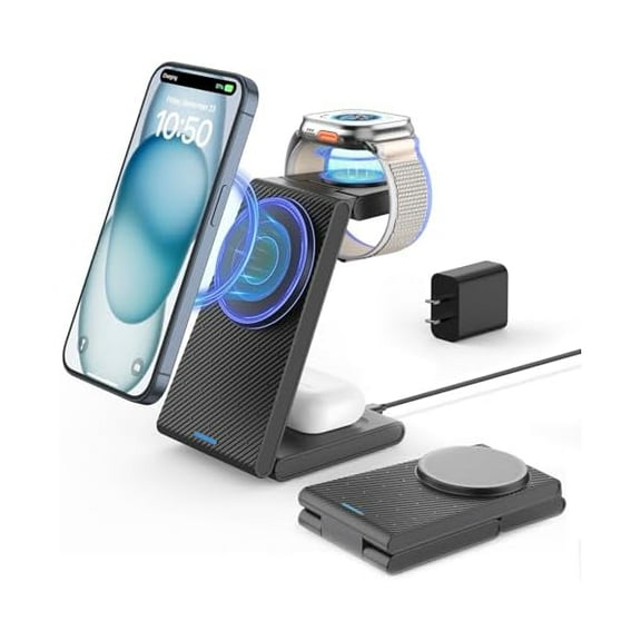 Saluqifa 3 in 1 Wireless Charging Station, Foldable Magnetic Wireless Charger Stand for Multiple Devices, Wireless Charger for iPhone 16/15/14/13/12, Apple Watch 9/8/7/6/SE/5/4/3/2, AirPods 3/2/Pro