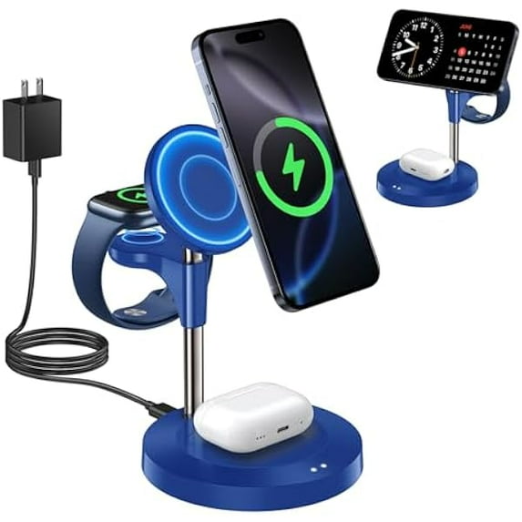 Saluqifa 3 in 1 Wireless Charging Station for Multiple Devices Apple, 15W Fast Magnetic Mag-Safe Charger Stand for iPhone 16 15 14 13 12 Pro Max Plus Mini Apple Watch AirPods Pro 4 3 2, Blue