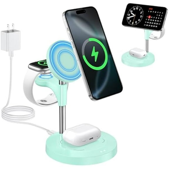 Saluqifa 3 in 1 Wireless Charging Station for Multiple Devices Apple, 15W Fast Magnetic Mag-Safe Charger Stand for iPhone 16 15 14 13 12 Pro Max Plus Mini Apple Watch AirPods Pro 4 3 2, LightGreen