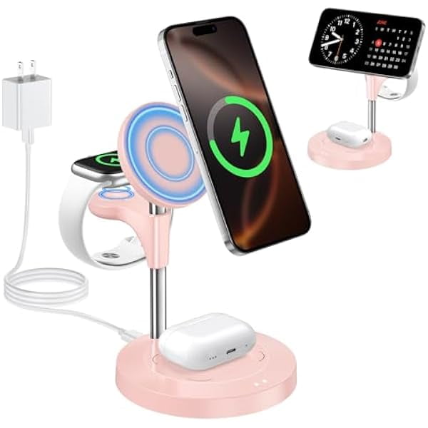 Saluqifa 3 in 1 Wireless Charging Station for Multiple Devices Apple, 15W Fast Magnetic Mag-Safe Charger Stand for iPhone 16 15 14 13 12 Pro Max Plus Mini Apple Watch AirPods Pro 4 3 2, Pink