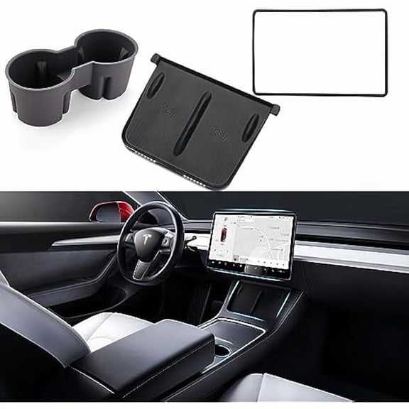 Saluqifa 3PCS Center Console Accessories for Tesla Model Y 2021-2025 and Model 3 2021-2023 Cup Holder Insert, Screen Edge Protector Frame, Silicone Wireless Charger Mat, Black