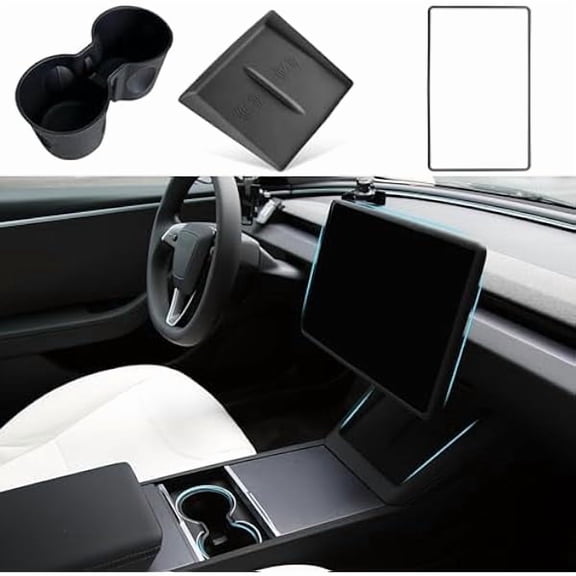 Saluqifa 3PCS Center Console Accessories for Tesla New Model Y Juniper 2025 Model 3 Highland 2025 Cup Holder Insert, Screen Edge Protector Frame, Wireless Charger Mat Silicone, Black