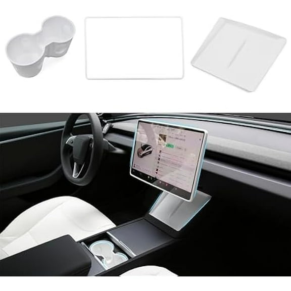 Saluqifa 3PCS Center Console Accessories for Tesla New Model Y Juniper 2025 Model 3 Highland 2025 Cup Holder Insert, Screen Edge Protector Frame, Wireless Charger Mat Silicone, White