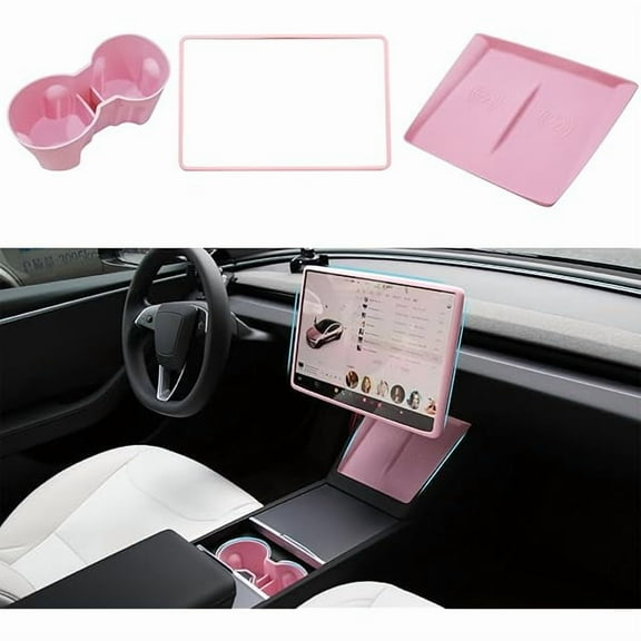 Saluqifa 3PCS Center Console Accessories for Tesla New Model Y Juniper 2025 Model 3 Highland 2025 Cup Holder Insert, Screen Edge Protector Frame, Wireless Charger Mat Silicone, Pink