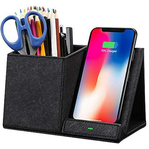 Saluqifa Fast Wireless Charger with Desk Organizer, Desk Phone Charger Compatible with 15/15 Pro/15 Pro Max/14/13/12/11/XS/8 Plus, Galaxy S21/S20+/S10/Note 10/Note 9/(No AC Adapter)
