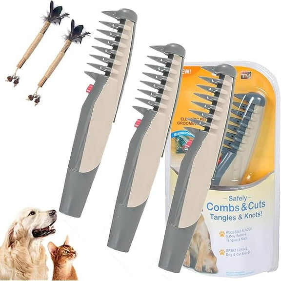 Saluqifa Glosrity Mataway e-Comb, Mataway e Comb for Dogs Cats, 2 In 1 Electric Pet Grooming Tool with Razor Hair Trimmer, Detangling and Dematting Long, Matted Fur on All Breeds Cats & Dogs (3pcs)