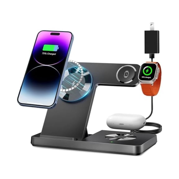 Saluqifa Magnetic 3 in 1 Charging Station for Multiple Devices,Mag-Safe Wireless Charger for iWatch & Airpods Pro 3 2, Foldable Charging Stand Dock for iPhone 12-16 Series with Adapter(Black)
