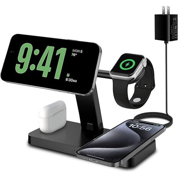 Saluqifa Magnetic Charging Station, for MagSafe 4 in 1 Fast Wireless Charger Stand for iPhone 16,15,14,13,12 Pro/Max/Mini/Plus,Apple Watch 10/9/8/7/6/SE/5/Ultra and Airpods 4/3/2/1 with Adapter-Black