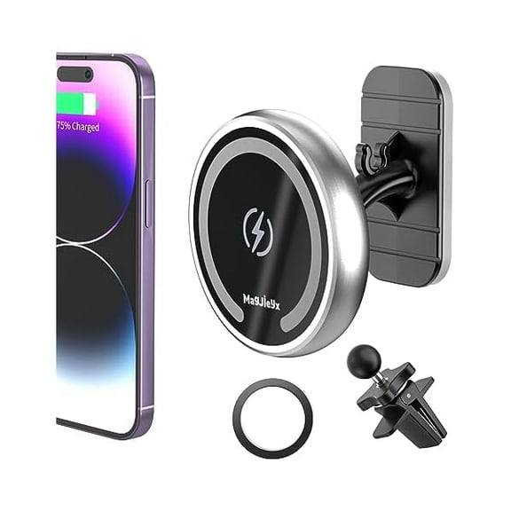 Saluqifa for Magnetic Magsafe Car Charger Mount, Wireless 15W Fast Charging Phone Holder Compatible with iPhone16,15,14 Pro Max,13,Plus 12, Mini,MagSafe Case,Stick On Dashboard and Air Vent (Silver)