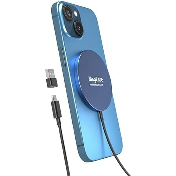 Saluqifa Magnetic Wireless Charger,MagEase 15W Wireless Charger Magnetic Compatible with iPhone 16/15/14/13/12 Series and AirPods 3/2/Pro, Charging Pad with USB-C Cable and USB-A Converter (Blue)