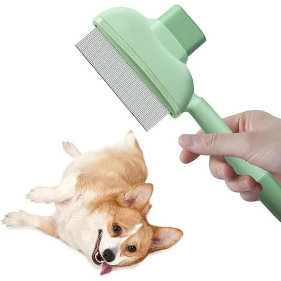 Saluqifa Pet Comb for Dogs Cats, Pet Hair Removal Flea Comb, Cat Grooming Brush De-Shedding Cat Hair Comb Stainless Steel Metal Teeth for Shedding and Tangles with Release Button(Green)