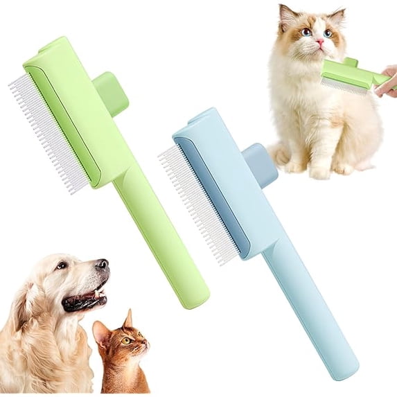 Saluqifa Pet Hair Removal Comb Flea Comb, One-Click Self-Cleaning Pet Hair Removal Combs, Pats Brush with Release Button, for Massaging and Cleaning Shedding Pets Hairs (Blue+Green)