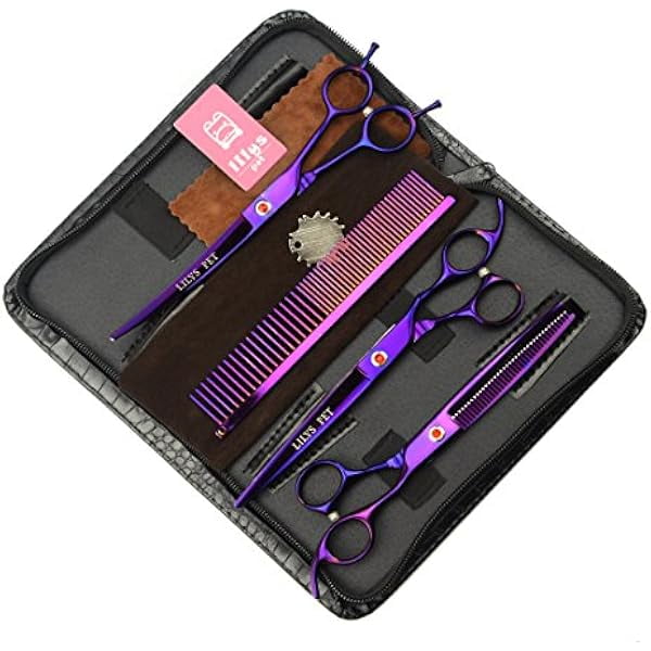Saluqifa Professional PET Grooming Scissors Kit,Coated Titanium,Sharp and Strong Stainless Steel Blade for Dogs Cats Hair Cutting,3 Pieces of Scissors with a Comb and a Case (8.0 inches, Purple)