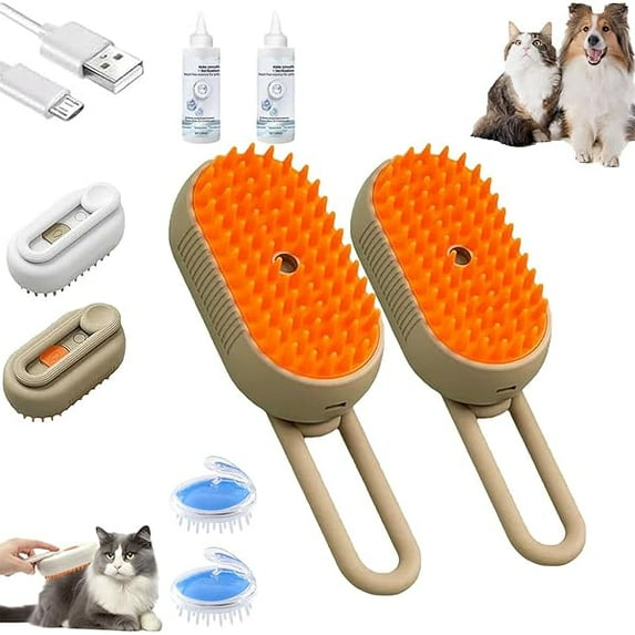 Saluqifa Puff Ease Spritz Defur Comb, Puffease Spritz Defur Comb for Cats Dogs, One-Click Spray Brush, 3-in-1 Self-Cleaning Steam Pet Brush for Cleaning Pet Hair (2 pcs Brown)