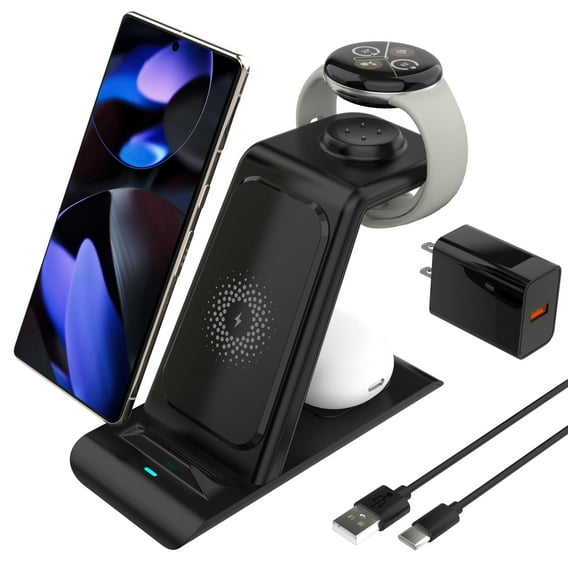 Saluqifa Upgraded Pixel Watch 3/2 Charger,3 in 1 Pixel Charging Station for Google Pixel 9/8/7/XL,Pixel Buds Pro/2,Wireless Charger Stand for Multiple Devices with Adapter(Not for Pixel Watch 1)