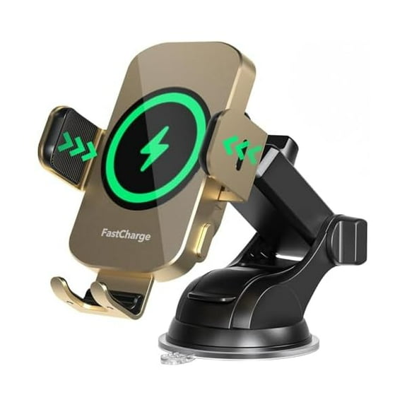Saluqifa Wireless Car Charger, Fast Charging 15W Auto Clamping Car Charger Phone Holder Phone Mount for iPhone16 15 14 13 12 11 Pro Max Xs, Samsung Galaxy S23 Ultra S22 S21 S20 S10+ Note 9, etc(Gold)